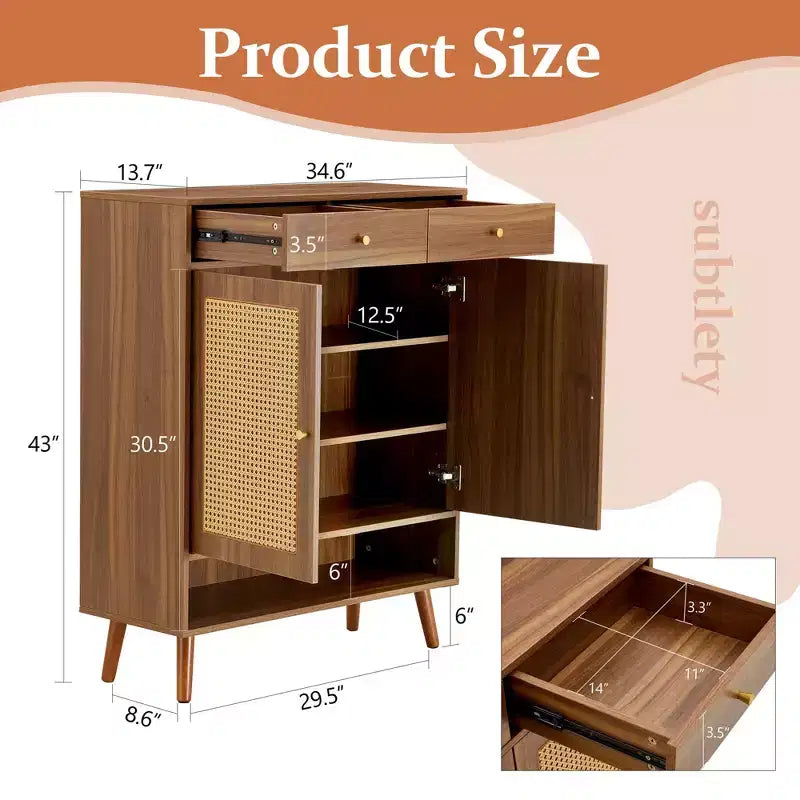 Schuhschrank im Mid-Century-Stil mit Rattan-Türen und Schubladen, Platz für 15 Paar – Nussbaum / Natur / Rattan