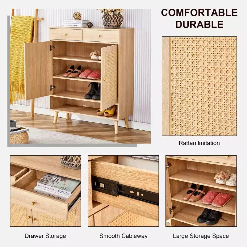 Schuhschrank im Mid-Century-Stil mit Rattan-Türen und Schubladen, Platz für 15 Paar – Nussbaum / Natur / Rattan