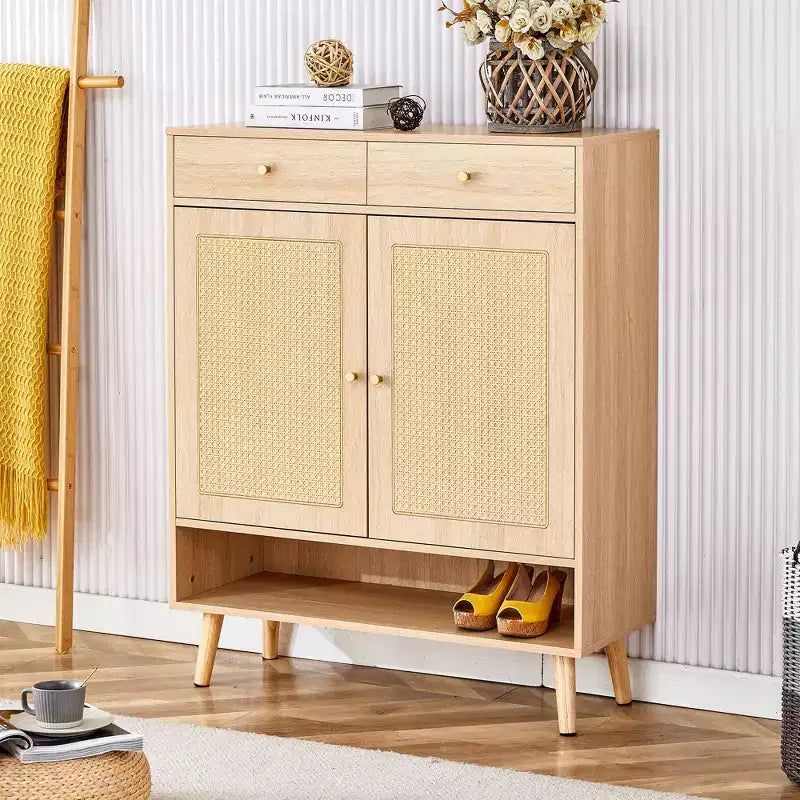 Schuhschrank im Mid-Century-Stil mit Rattan-Türen und Schubladen, Platz für 15 Paar – Nussbaum / Natur / Rattan