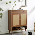 Okak Mid-Century Wood-Colored Rattan Design Shoe Cabinet SideBoard with Doors & Drawers,Freestanding Shoe Rack for Foyer,Entrances