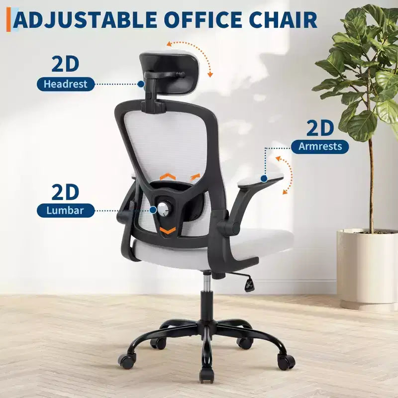 Ergonomischer Bürostuhl aus Netzstoff mit hochklappbaren Armlehnen und Lordosenstütze – Schwarz/Grau