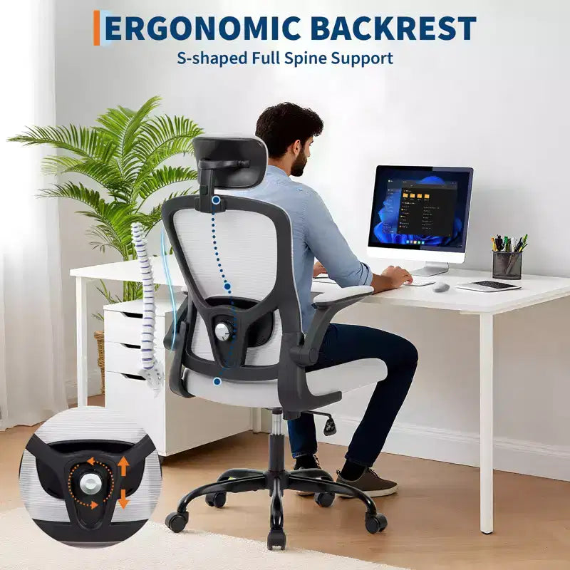 Ergonomischer Bürostuhl aus Netzstoff mit hochklappbaren Armlehnen und Lordosenstütze – Schwarz/Grau