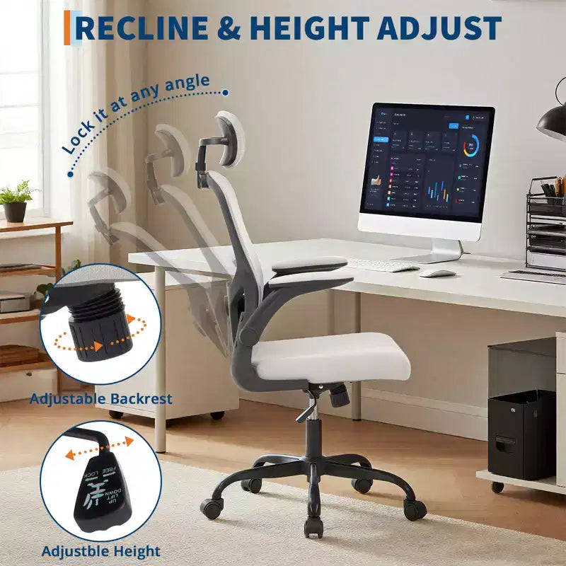 Ergonomischer Bürostuhl aus Netzstoff mit hochklappbaren Armlehnen und Lordosenstütze – Schwarz/Grau