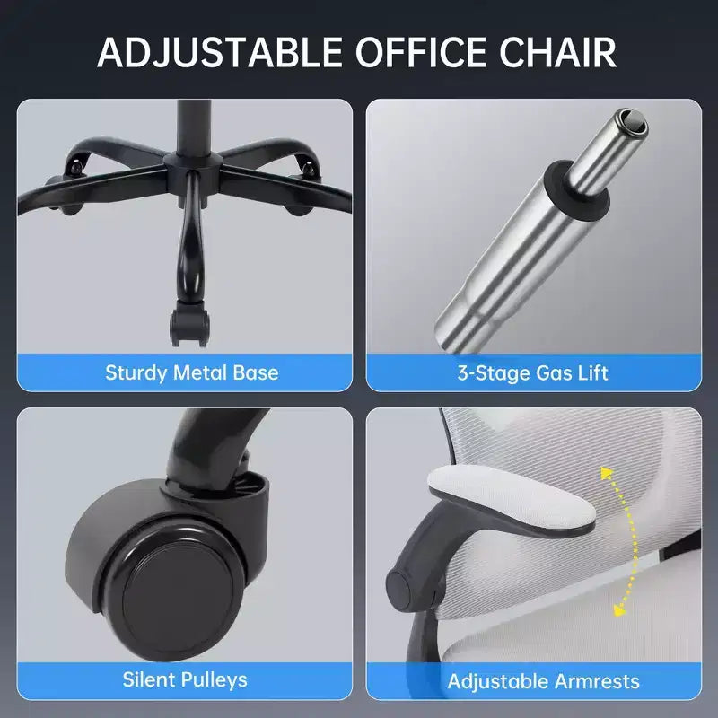 Ergonomischer Bürostuhl aus Netzstoff mit hochklappbaren Armlehnen und Lordosenstütze – Schwarz/Grau