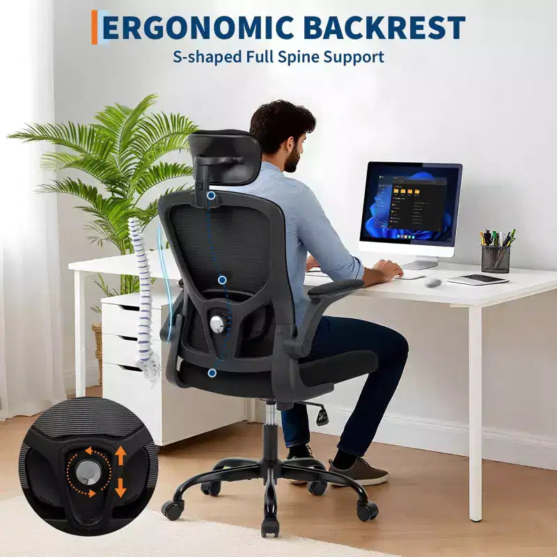 Ergonomischer Bürostuhl aus Netzstoff mit hochklappbaren Armlehnen und Lordosenstütze – Schwarz/Grau