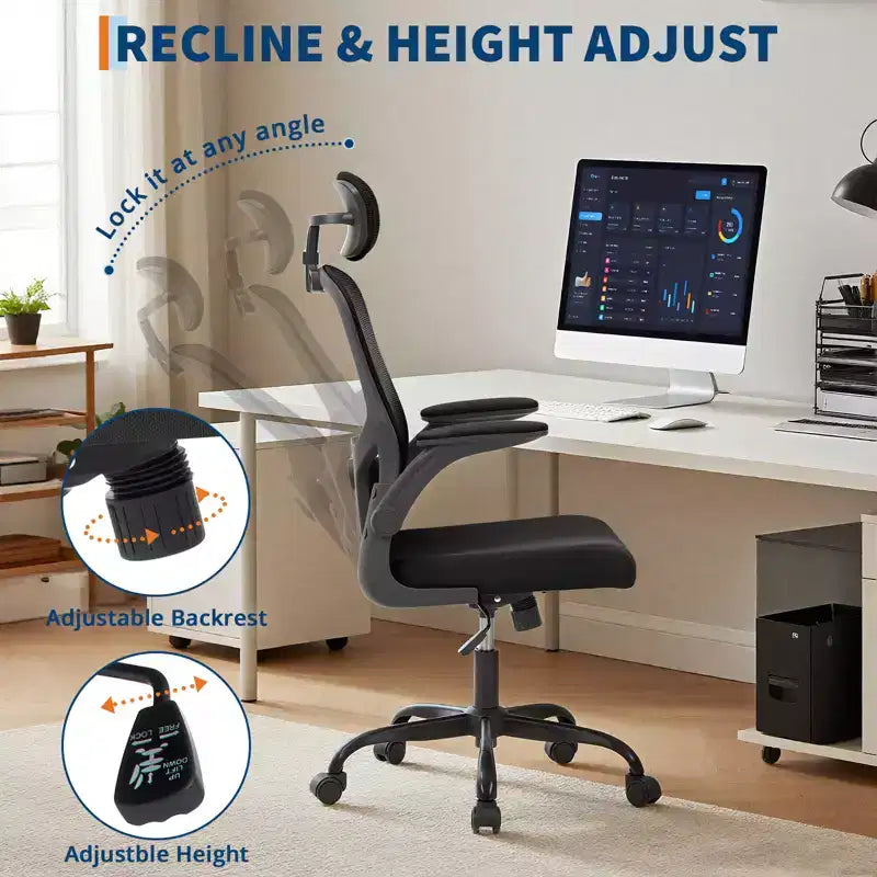 Ergonomischer Bürostuhl aus Netzstoff mit hochklappbaren Armlehnen und Lordosenstütze – Schwarz/Grau
