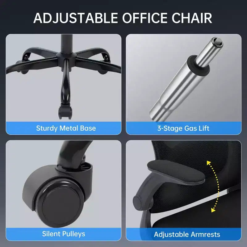 Ergonomischer Bürostuhl aus Netzstoff mit hochklappbaren Armlehnen und Lordosenstütze – Schwarz/Grau