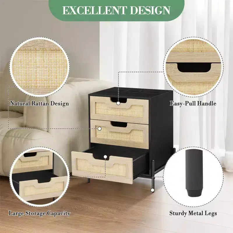 Nachtschrank Schwarz/Eiche mit 3 Rattanschubladen und Metallbeinen – für das Schlafzimmer