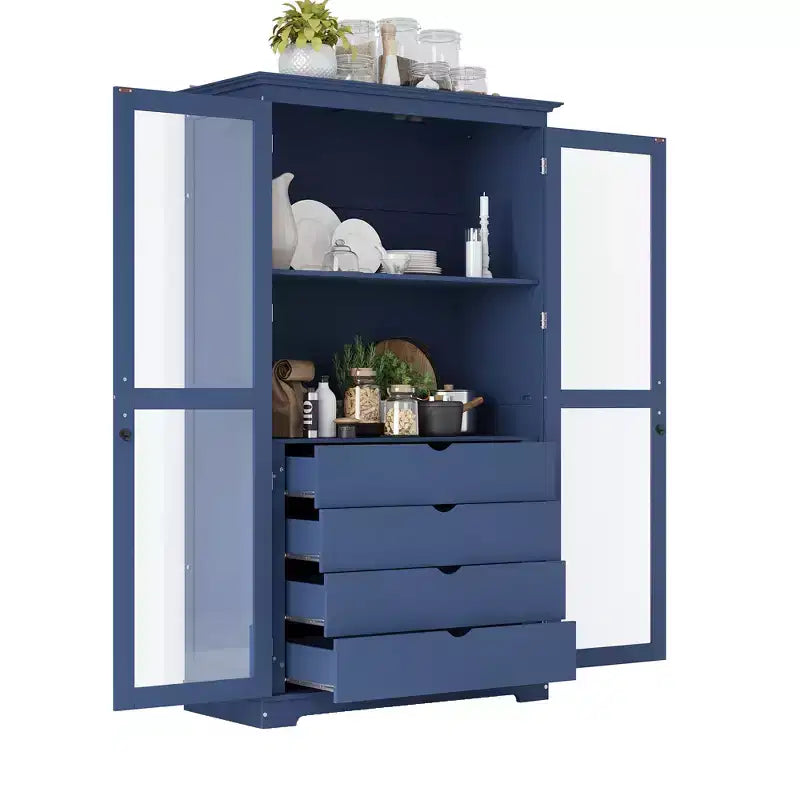 Vorratsschrank aus Kiefernholz mit Glastüren und 4 Schubladen, 114×51×191 cm – Natur / Weiß / Blau