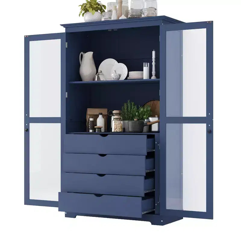 Vorratsschrank aus Kiefernholz mit Glastüren und 4 Schubladen, 114×51×191 cm – Natur / Weiß / Blau