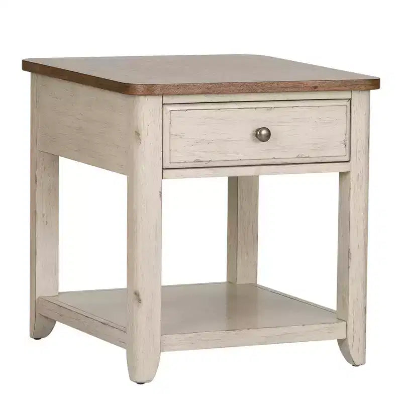Liberty Furniture,Farmhouse Reimagined End Table with Basket in Antique White w/ Chestnut Top