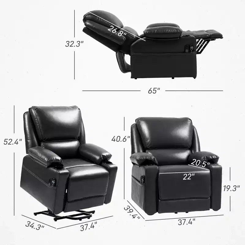 Sessel mit Aufstehhilfe, Massage- und Heizfunktion, aus schwarzem PU-Leder, 1-Sitzer