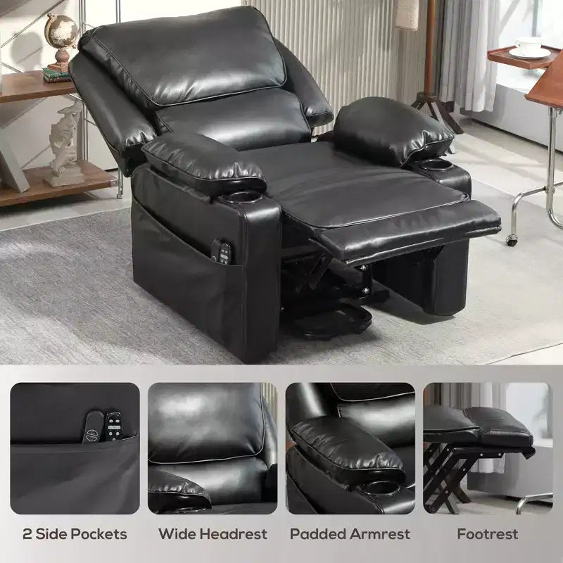 Sessel mit Aufstehhilfe, Massage- und Heizfunktion, aus schwarzem PU-Leder, 1-Sitzer