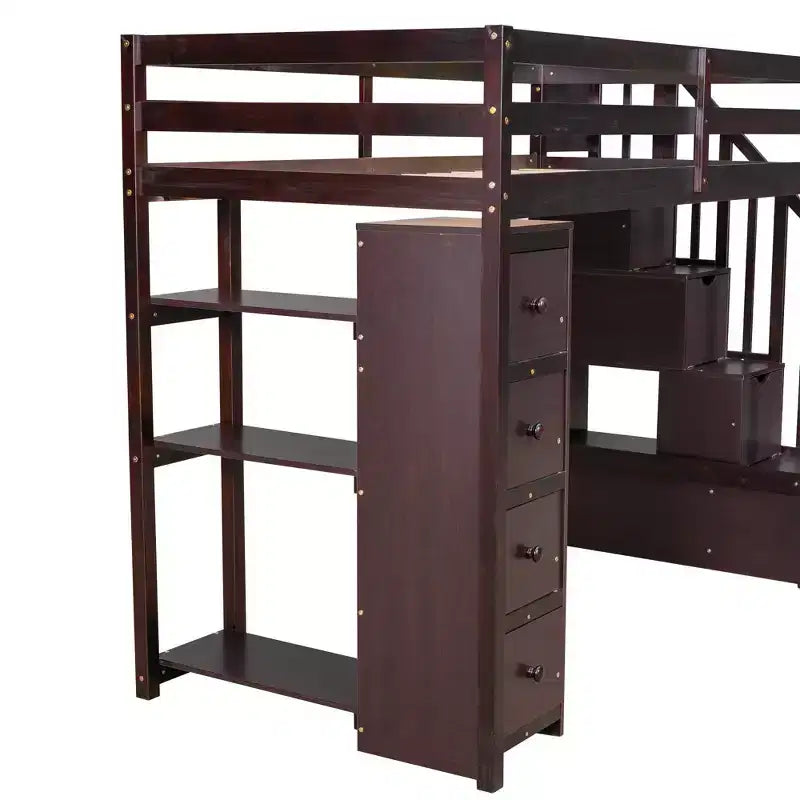 Hochbett mit Stauraumschubladen & Treppe – Espresso / Grau / Weiß, 1 Person