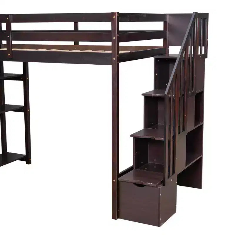 Hochbett mit Stauraumschubladen & Treppe – Espresso / Grau / Weiß, 1 Person