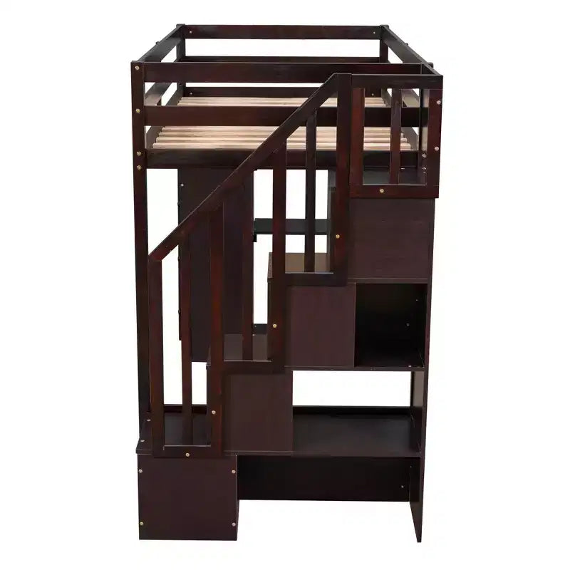 Hochbett mit Stauraumschubladen & Treppe – Espresso / Grau / Weiß, 1 Person