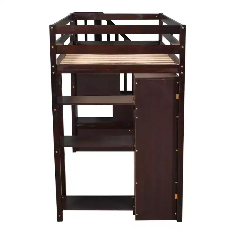 Hochbett mit Stauraumschubladen & Treppe – Espresso / Grau / Weiß, 1 Person