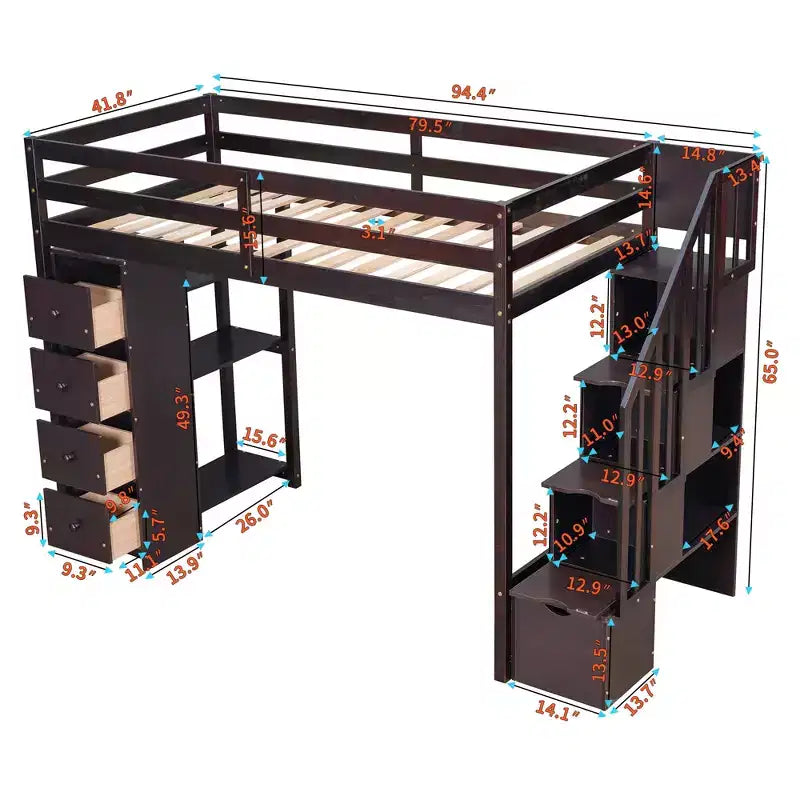 Hochbett mit Stauraumschubladen & Treppe – Espresso / Grau / Weiß, 1 Person