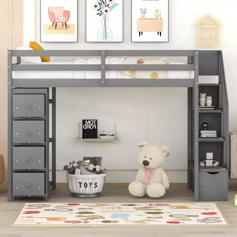 Hochbett mit Stauraumschubladen & Treppe – Espresso / Grau / Weiß, 1 Person