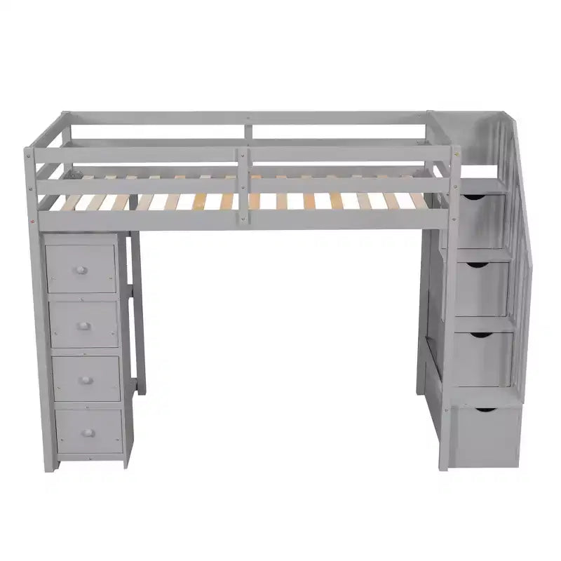 Hochbett mit Stauraumschubladen & Treppe – Espresso / Grau / Weiß, 1 Person