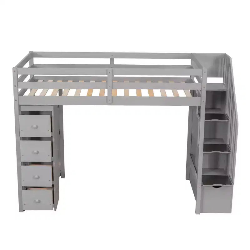 Hochbett mit Stauraumschubladen & Treppe – Espresso / Grau / Weiß, 1 Person