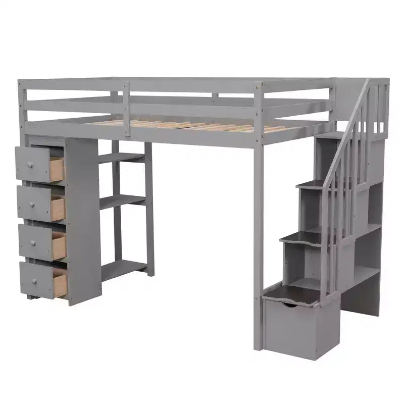 Hochbett mit Stauraumschubladen & Treppe – Espresso / Grau / Weiß, 1 Person