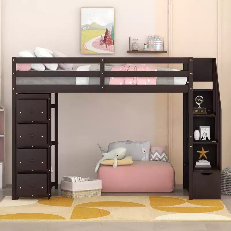 Hochbett mit Stauraumschubladen & Treppe – Espresso / Grau / Weiß, 1 Person