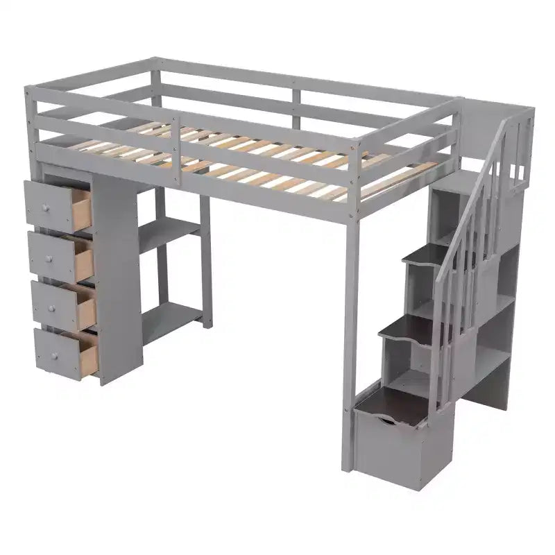 Hochbett mit Stauraumschubladen & Treppe – Espresso / Grau / Weiß, 1 Person