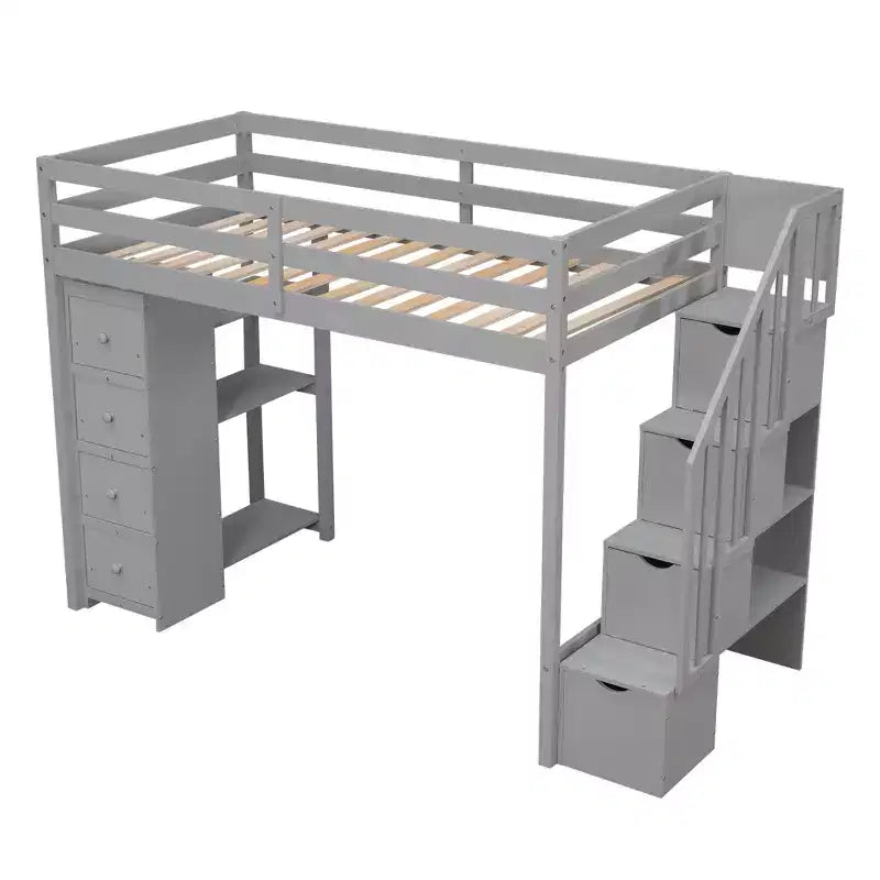 Hochbett mit Stauraumschubladen & Treppe – Espresso / Grau / Weiß, 1 Person