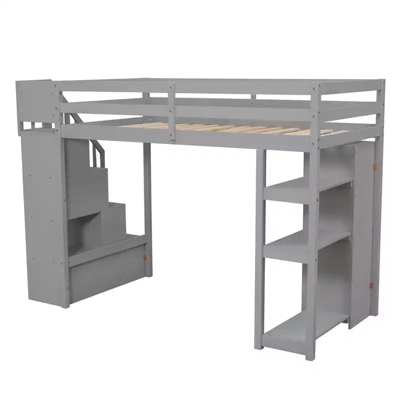 Hochbett mit Stauraumschubladen & Treppe – Espresso / Grau / Weiß, 1 Person