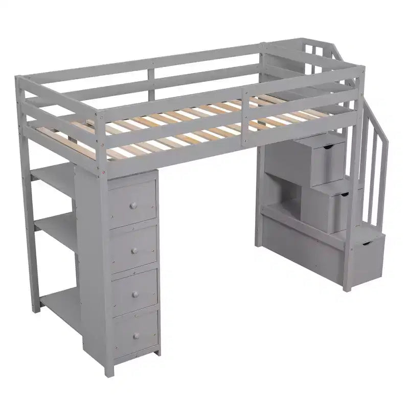 Hochbett mit Stauraumschubladen & Treppe – Espresso / Grau / Weiß, 1 Person