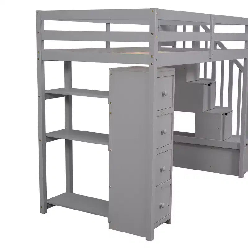 Hochbett mit Stauraumschubladen & Treppe – Espresso / Grau / Weiß, 1 Person