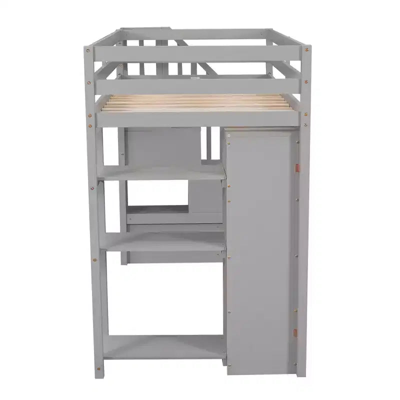 Hochbett mit Stauraumschubladen & Treppe – Espresso / Grau / Weiß, 1 Person