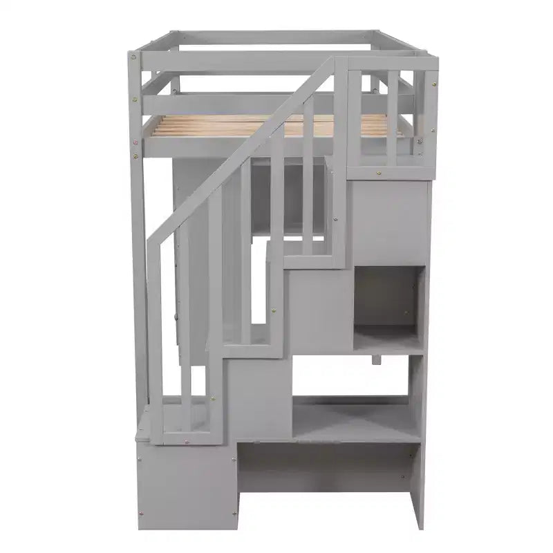 Hochbett mit Stauraumschubladen & Treppe – Espresso / Grau / Weiß, 1 Person