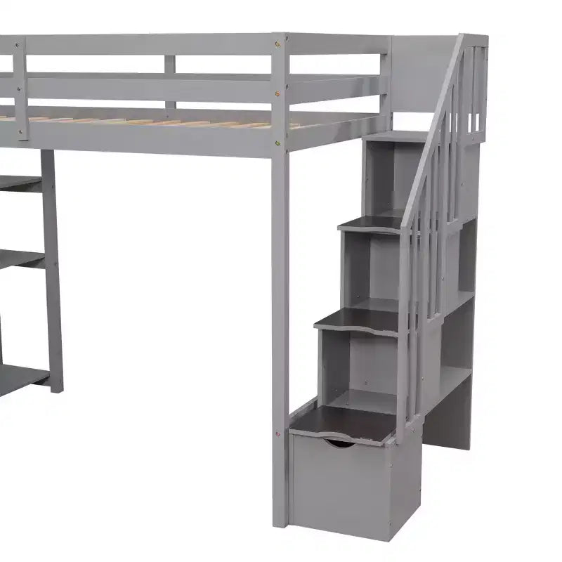 Hochbett mit Stauraumschubladen & Treppe – Espresso / Grau / Weiß, 1 Person