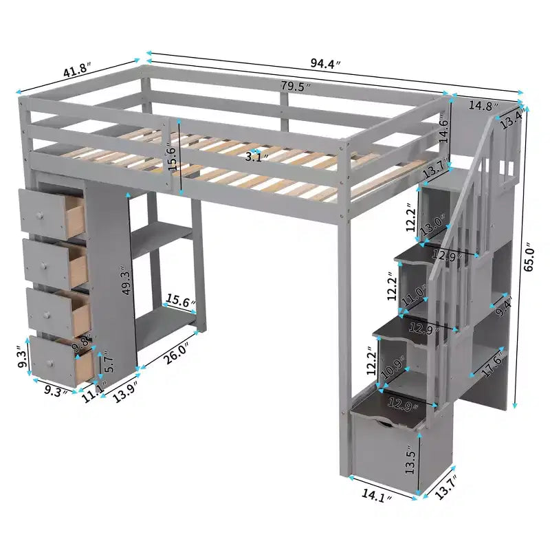 Hochbett mit Stauraumschubladen & Treppe – Espresso / Grau / Weiß, 1 Person