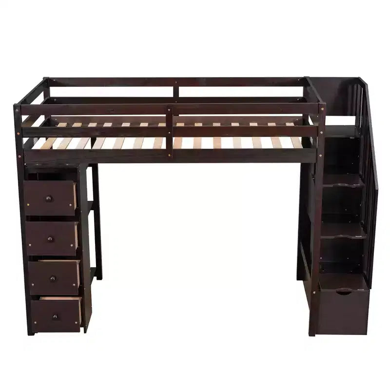 Hochbett mit Stauraumschubladen & Treppe – Espresso / Grau / Weiß, 1 Person