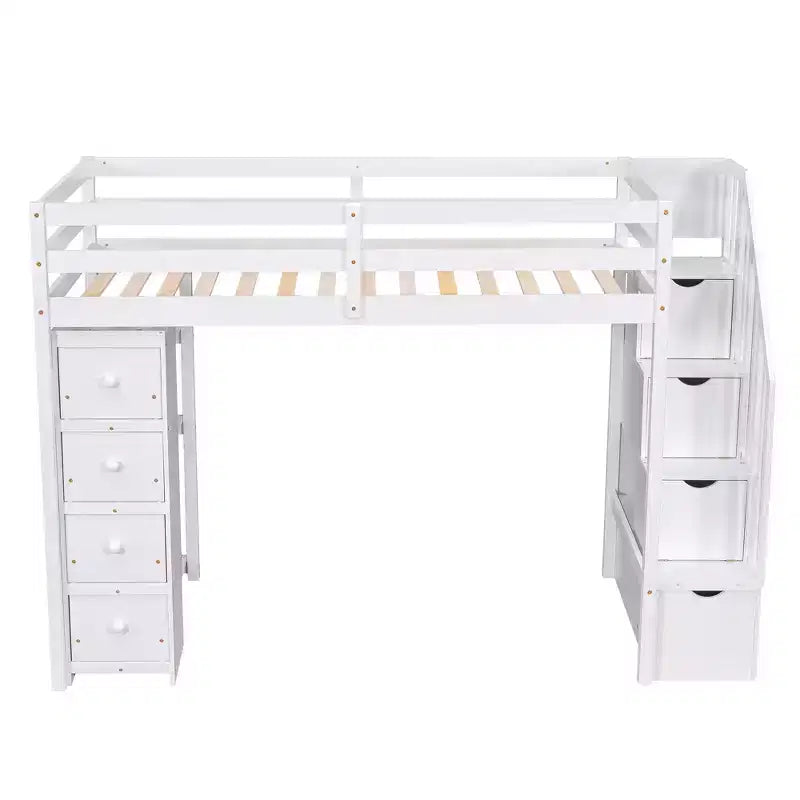 Hochbett mit Stauraumschubladen & Treppe – Espresso / Grau / Weiß, 1 Person