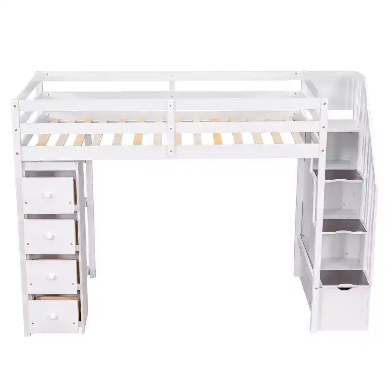Hochbett mit Stauraumschubladen & Treppe – Espresso / Grau / Weiß, 1 Person