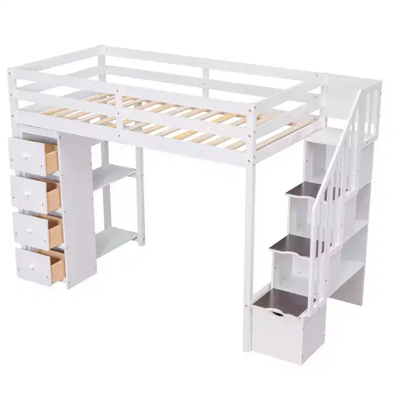 Hochbett mit Stauraumschubladen & Treppe – Espresso / Grau / Weiß, 1 Person