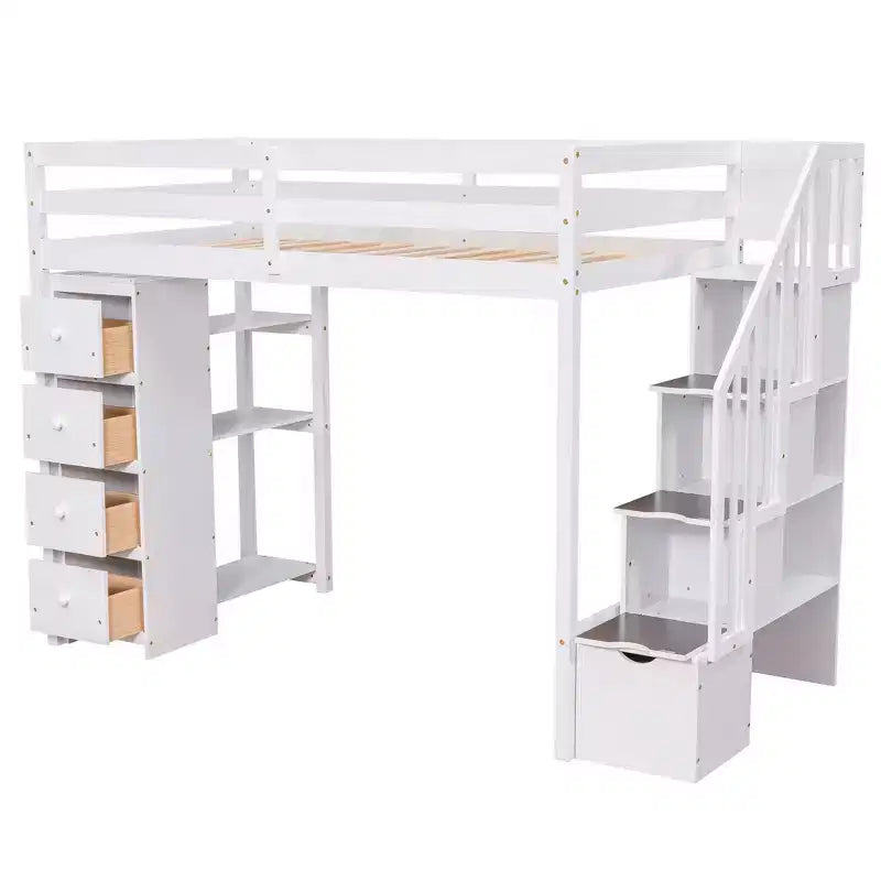 Hochbett mit Stauraumschubladen & Treppe – Espresso / Grau / Weiß, 1 Person