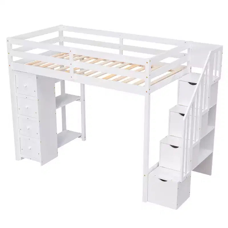 Hochbett mit Stauraumschubladen & Treppe – Espresso / Grau / Weiß, 1 Person