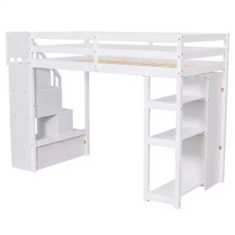 Hochbett mit Stauraumschubladen & Treppe – Espresso / Grau / Weiß, 1 Person