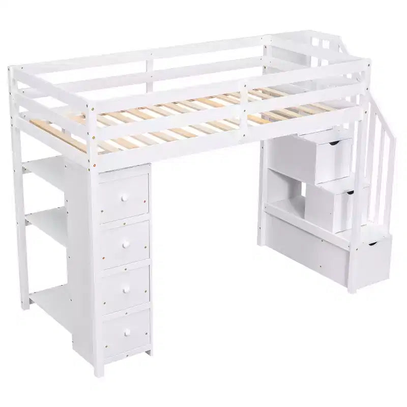 Hochbett mit Stauraumschubladen & Treppe – Espresso / Grau / Weiß, 1 Person