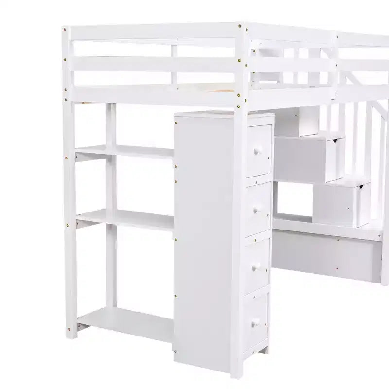 Hochbett mit Stauraumschubladen & Treppe – Espresso / Grau / Weiß, 1 Person