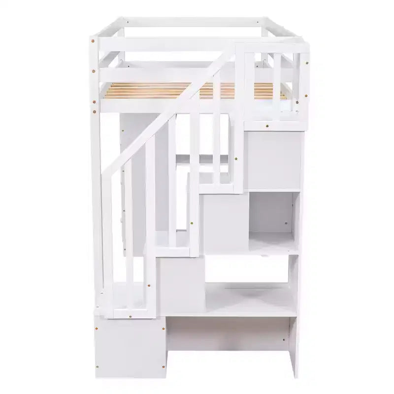 Hochbett mit Stauraumschubladen & Treppe – Espresso / Grau / Weiß, 1 Person