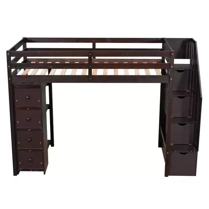 Hochbett mit Stauraumschubladen & Treppe – Espresso / Grau / Weiß, 1 Person