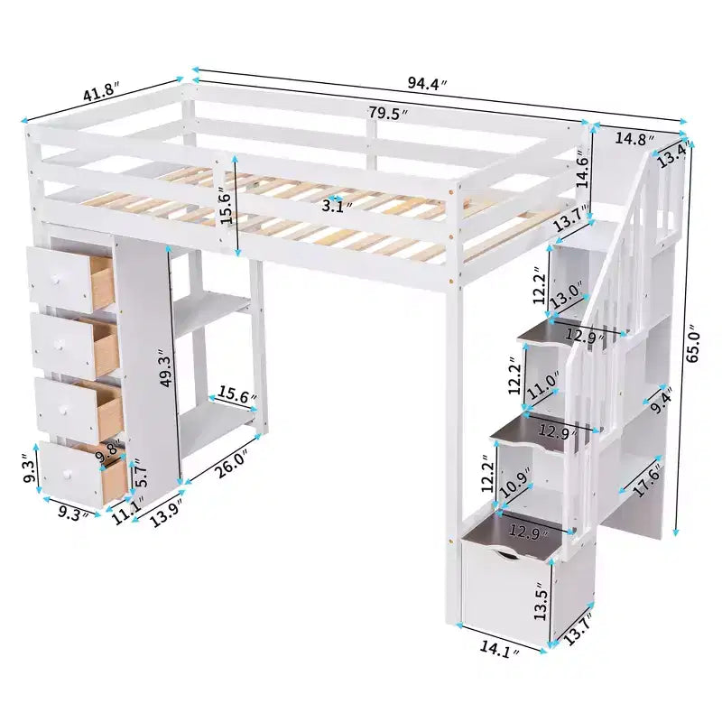Hochbett mit Stauraumschubladen & Treppe – Espresso / Grau / Weiß, 1 Person