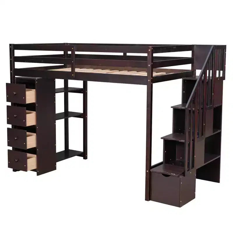 Hochbett mit Stauraumschubladen & Treppe – Espresso / Grau / Weiß, 1 Person