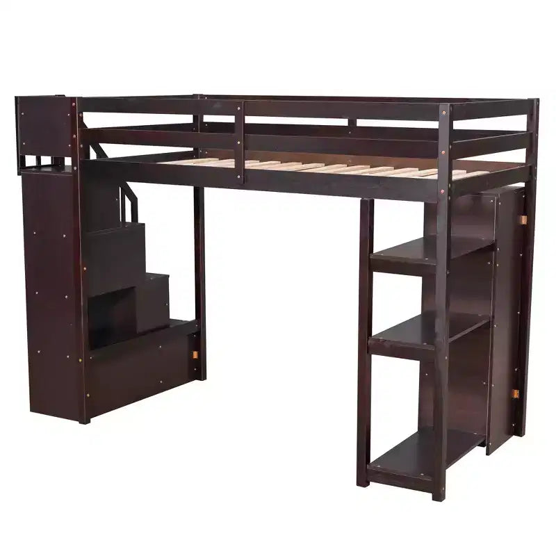 Hochbett mit Stauraumschubladen & Treppe – Espresso / Grau / Weiß, 1 Person